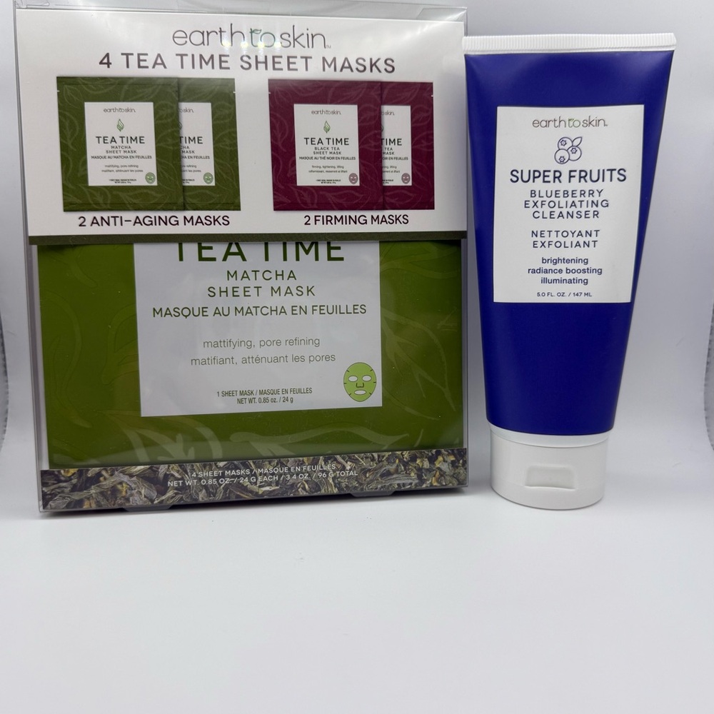Earth to Skin Tea Time Sheet Masks and Blueberry Exfoliating Cleanser Set